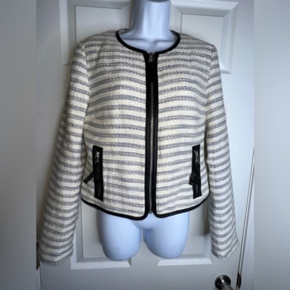 American Eagle Women's Medium Tweed Blazer Jacket Zip Ivory Blue Stripe M